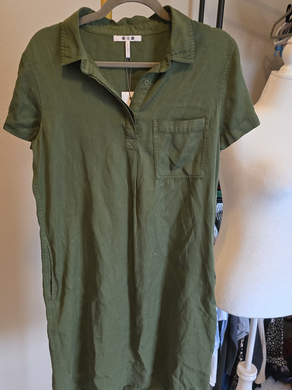 Three Dots Olive Green Short Sleeve Tencel Mini Dress